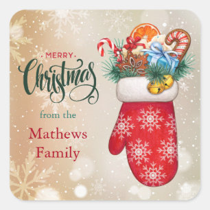 Red Snowflake Mitten with Christmas Goodies Square Sticker