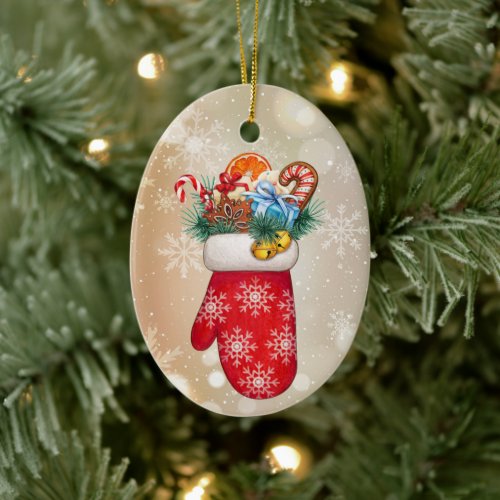 Red Snowflake Mittens with Christmas Goodies Ceramic Ornament