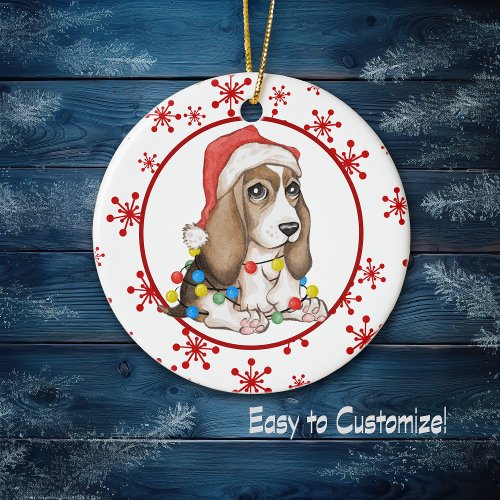 Red Snowflake Naughty Beagle Pup Holiday Ceramic Ornament
