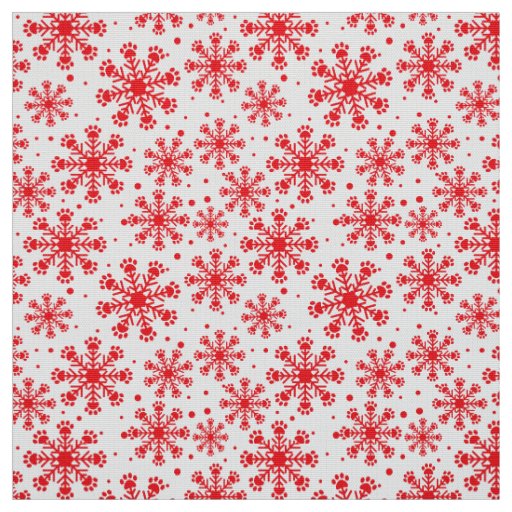 Red Snowflake on white with paw print pattern Fabric