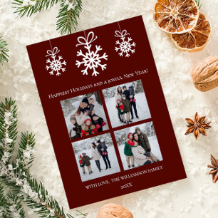 Red Snowflake Ornaments Photo Collage Holiday Card