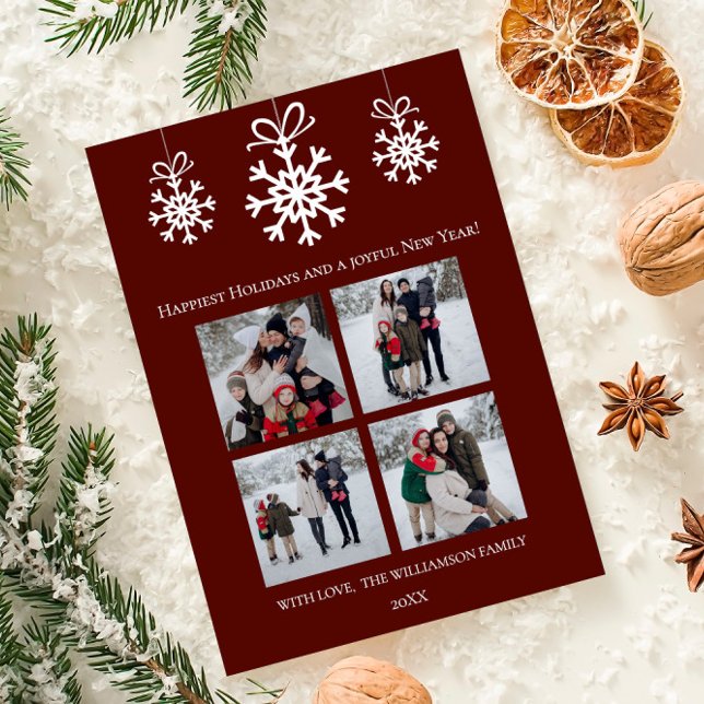 Red Snowflake Ornaments Photo Collage Holiday Card (Red Snowflake Ornaments Photo Collage Holiday Card)