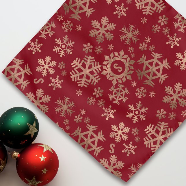 Red Snowflake Pattern Christmas Holiday Dog Bandana (A festive red bandana with a rose gold snowflake pattern and space for your initial)