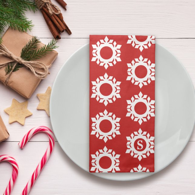 Red Snowflake Pattern Monogrammed Cloth Napkin (Add your initial to these red and white snowflake pattern cloth napkins and call it Christmas)