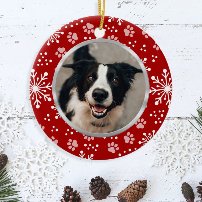 Red Snowflake Paw Pattern Pet Photo Ceramic Ornament (Creator Uploaded)