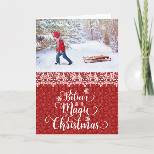 Red Snowflake Photo Believe Christmas Card (Front)