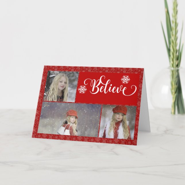 Red Snowflake Photo Believe Christmas Card (Front)