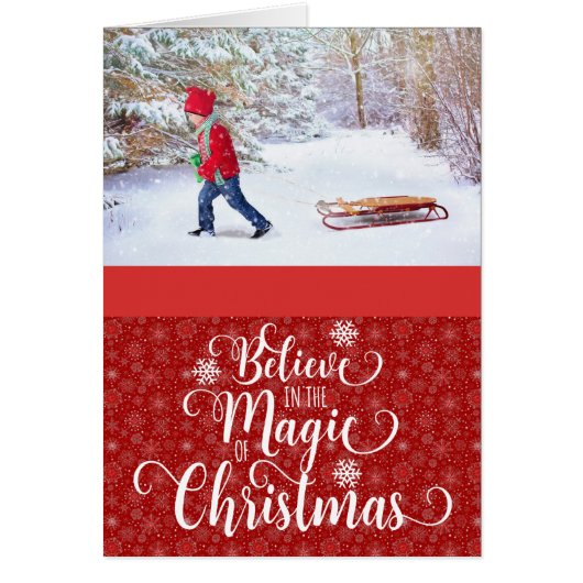 Red Snowflake Photo Believe Christmas Card (Front)