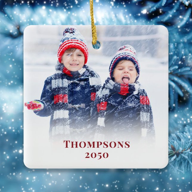 Red Snowflake Photo Red Snowflake Custom Ceramic Ornament (Christmas photo ornament with a full bleed photo template with red block style editable lettering. )