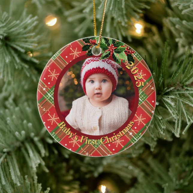 Red Snowflake Plaid | Baby's First Christmas Photo Ceramic Ornament (Tree)