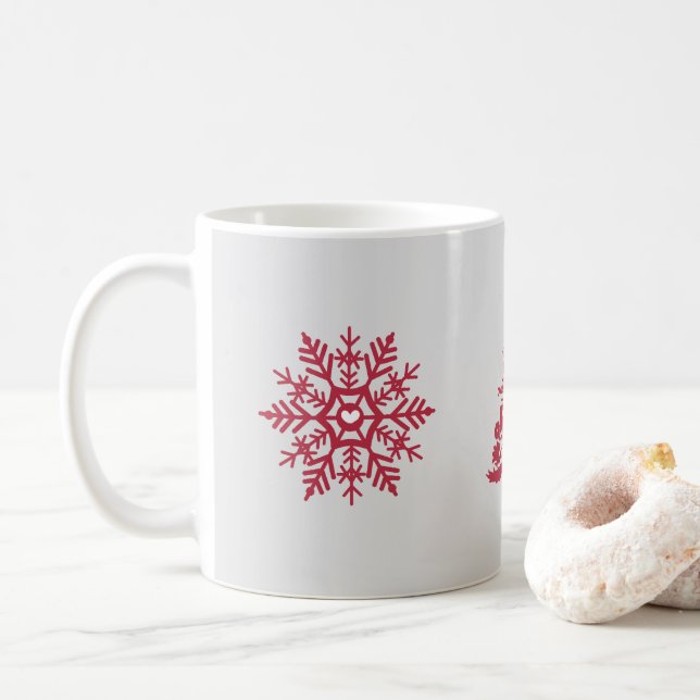 Red Snowflake Scandinavian Winter Pattern Coffee Mug (With Donut)