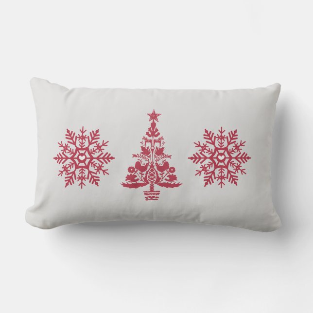 Red Snowflake Scandinavian Winter Pattern Lumbar Pillow (Front)