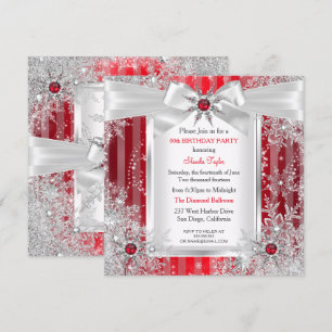 Red Snowflake Silver Bow Winter Wonderland Party Invitation
