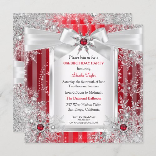 Red Snowflake Silver Bow Winter Wonderland Party Invitation