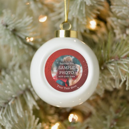Red Snowflake Stars Photo Custom Text Ceramic Ball Christmas Ornament