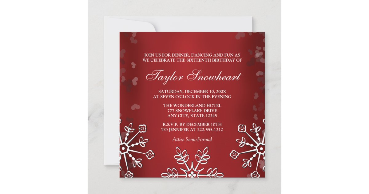 RED SNOWFLAKE SWEET SIXTEEN BIRTHDAY INVITATION | Zazzle
