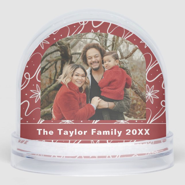Red Snowflake Swirl Custom Family Photo Snow Globe (Front)