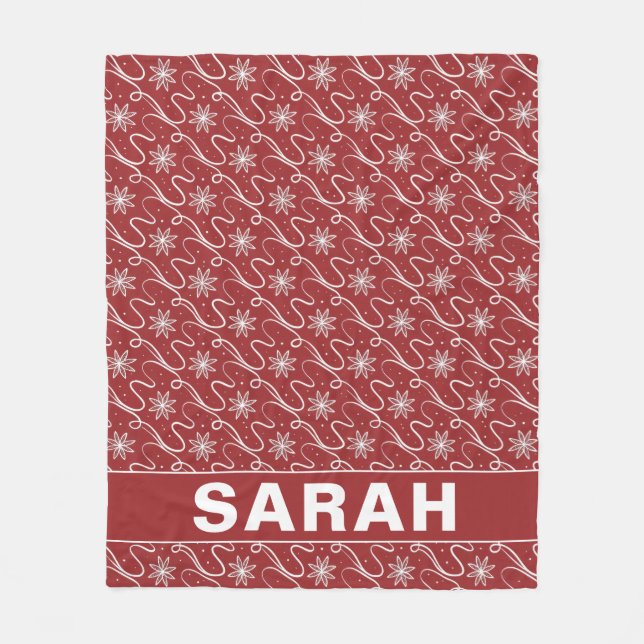 Red Snowflake Swirl Personalized Name Fleece Blanket (Front)