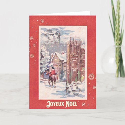 Red Snowflake Vintage Scene Joyeux Noel Christmas Holiday Card