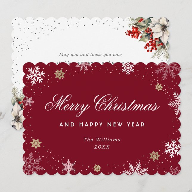 Red Snowflake Watercolor Botanical  Holiday Card (Front/Back)