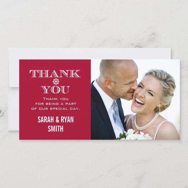 Red Snowflake Wedding Photo Thank You Cards (Front)