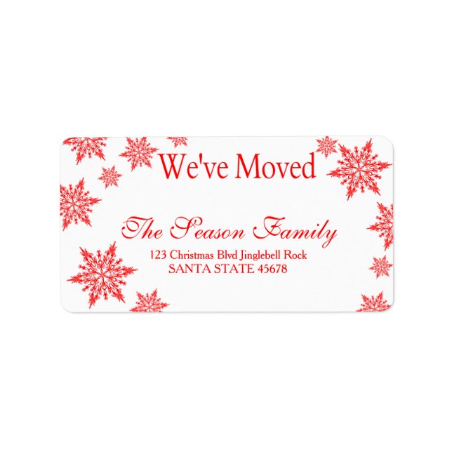 red Snowflake "we've moved" Christmas label (Front)