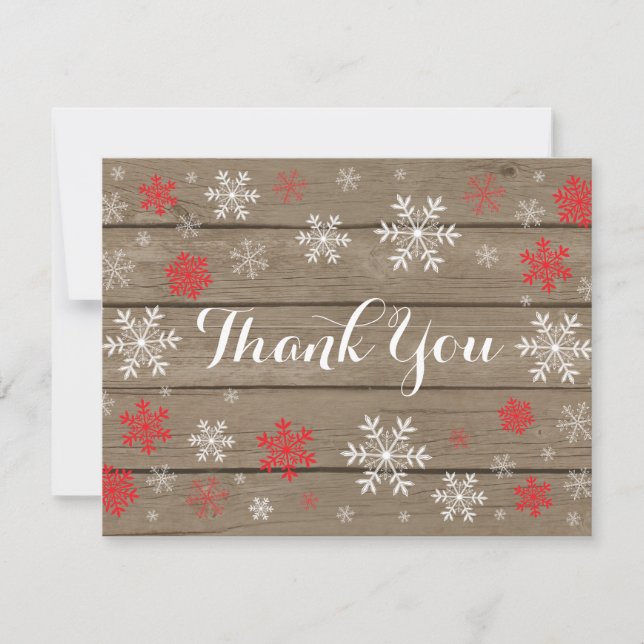 Red Snowflake Winter Rustic Wood Thank You Card (Front)