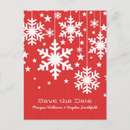 Red Snowflakes and Stars Save the Date Postcard