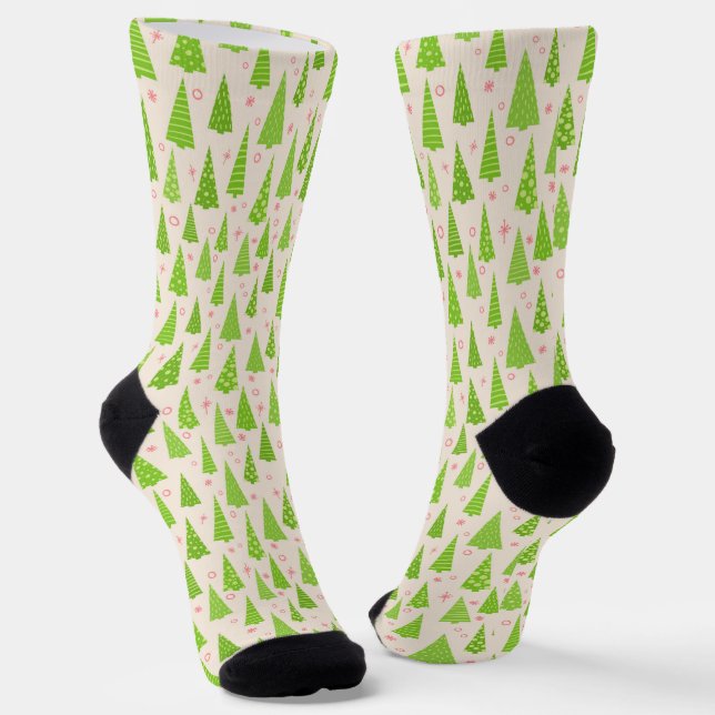 Red Snowflakes and Trees Christmas Socks (Angled)