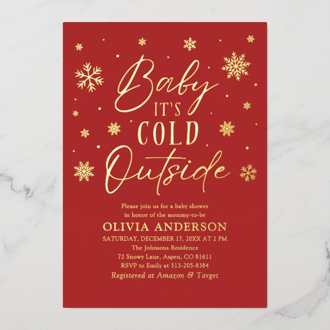 Red Snowflakes Baby It's Cold Outside Baby Shower Foil Invitation (Front)