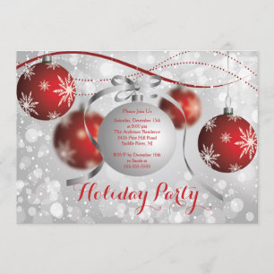Red Snowflakes Bokeh Holiday Party Invitation