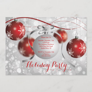 Red Snowflakes Bokeh Holiday Party Invitation