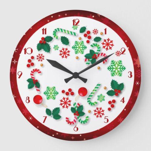 Red Snowflakes Border Simply Christmas Large Clock