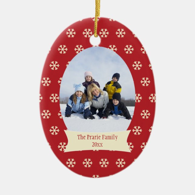 Red snowflakes Christmas holiday photo ornament (Front)