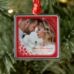 Red Snowflakes Frame Modern Holiday Wedding Photo Metal Ornament