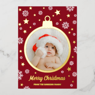 Red Snowflakes Gold Stars Merry Christmas Bauble Foil Holiday Card