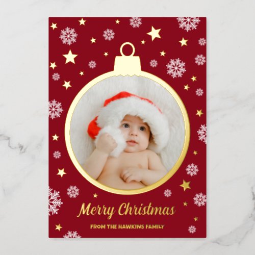 Red Snowflakes Gold Stars Merry Christmas Bauble Foil Holiday Card