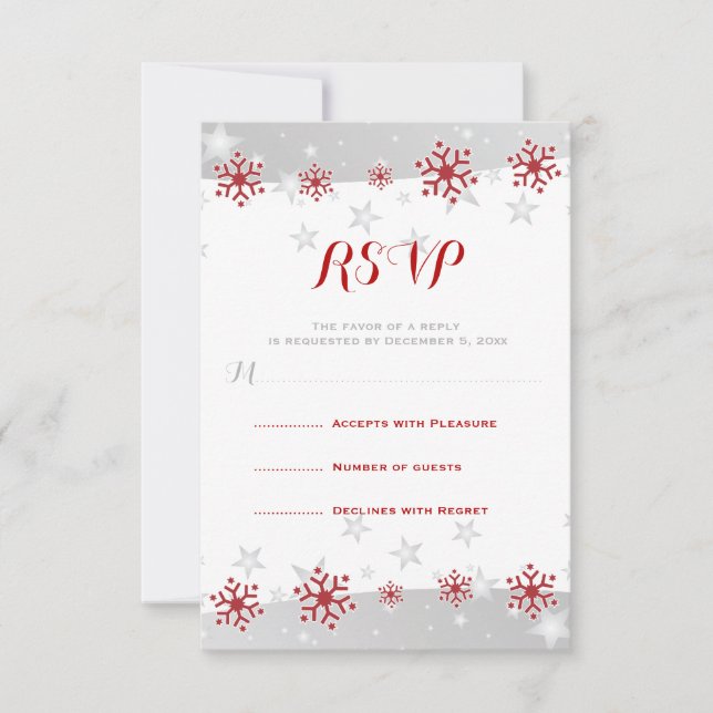 Red snowflakes & grey stars modern wedding RSVP Card (Front)
