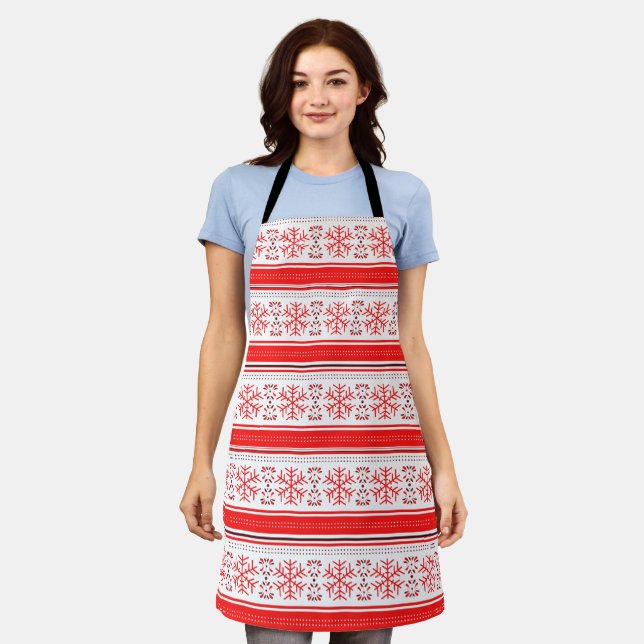 Red Snowflakes Line Winter Christmas Pattern White Apron (Worn)