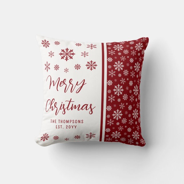 Red Snowflakes Merry Christmas With Family Name Throw Pillow (Front)