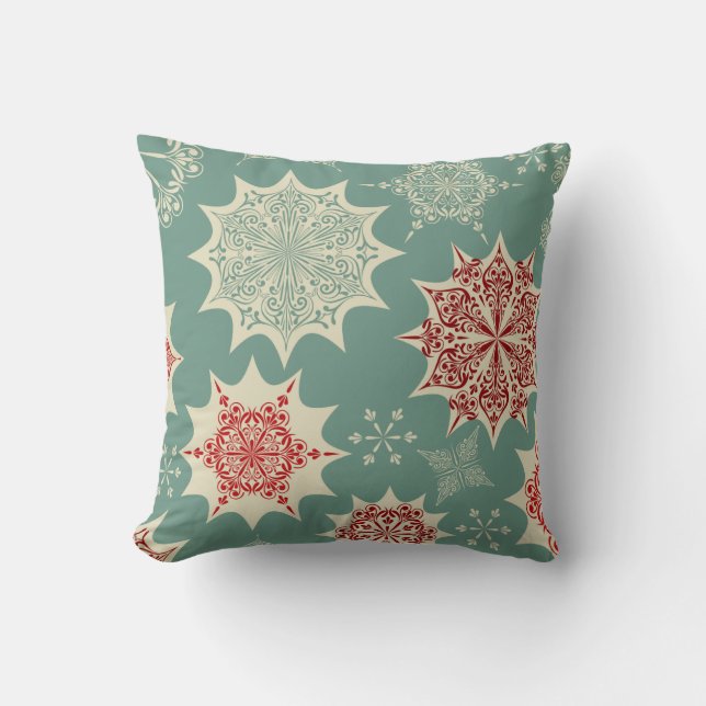 Red snowflakes on a green background throw pillow (Front)