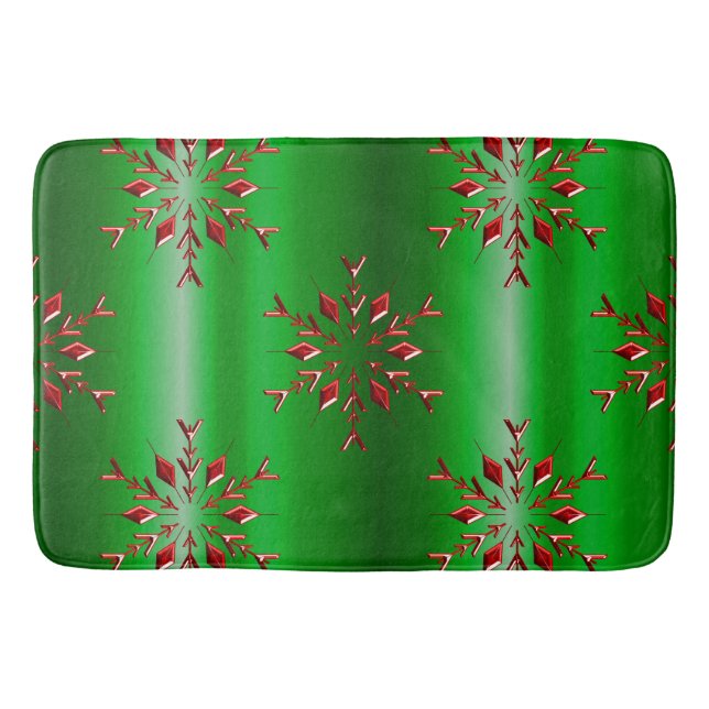 Red Snowflakes on Green Christmas Bathroom Mat (Front)