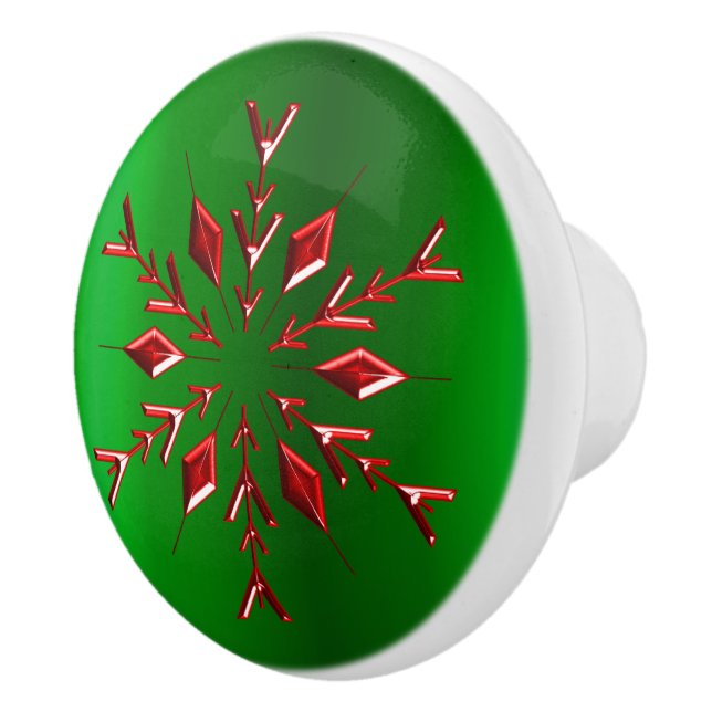 Red Snowflakes on Green Christmas Ceramic Knob (Right)