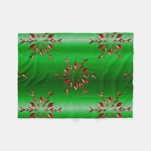 Red Snowflakes on Green Christmas Fleece Blanket (Front (Horizontal))