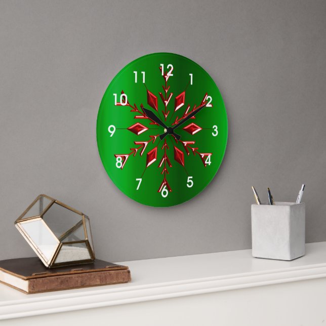 Red Snowflakes on Green Christmas Large Clock (Office)