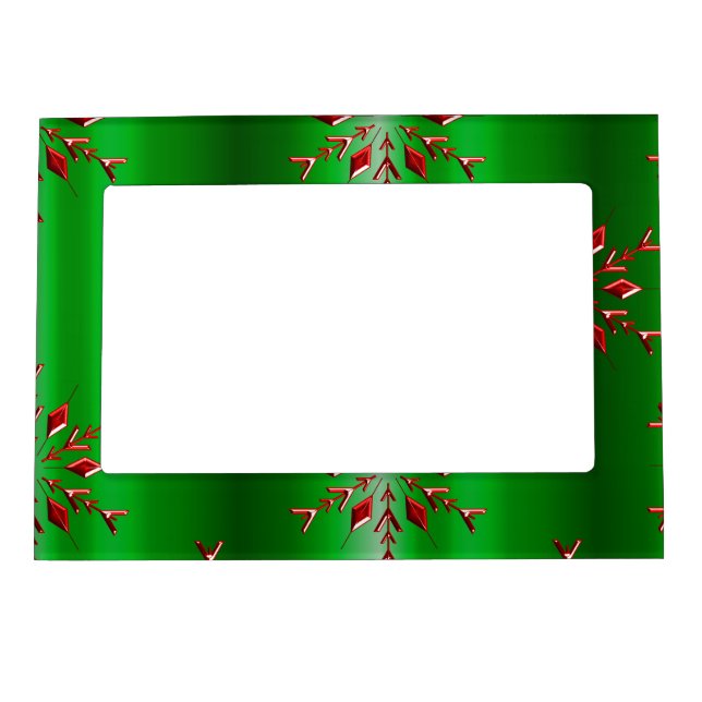 Red Snowflakes on Green Christmas Magnetic Picture Frame (Front)