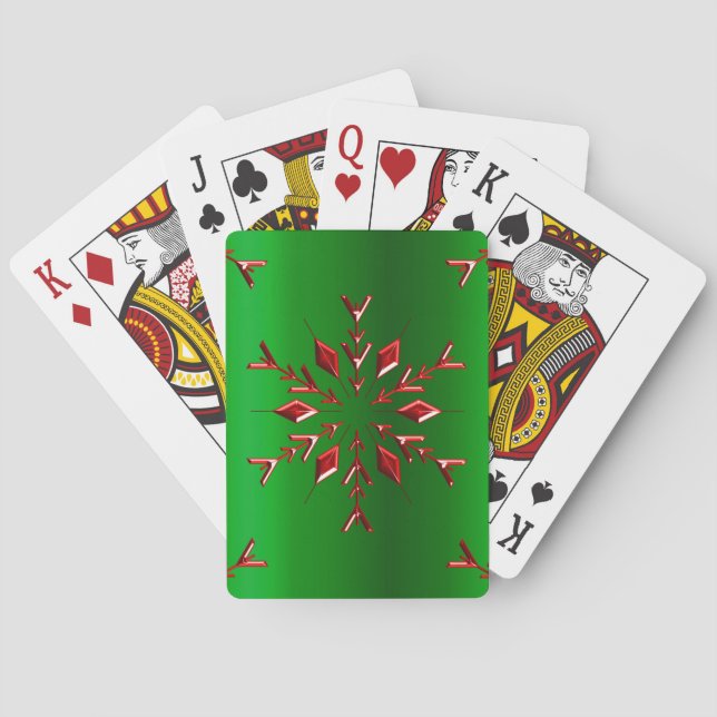 Red Snowflakes on Green Christmas Poker Cards (Back)