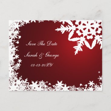 red snowflakes save the date announcement postcard