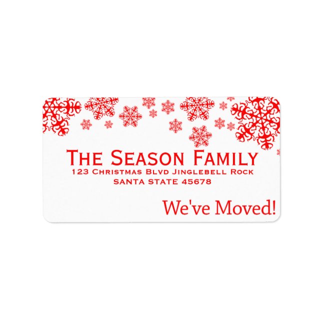 red snowflakes "we've moved" Christmas label (Front)