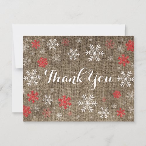 Red Snowflakes Winter Burlap Thank You Card